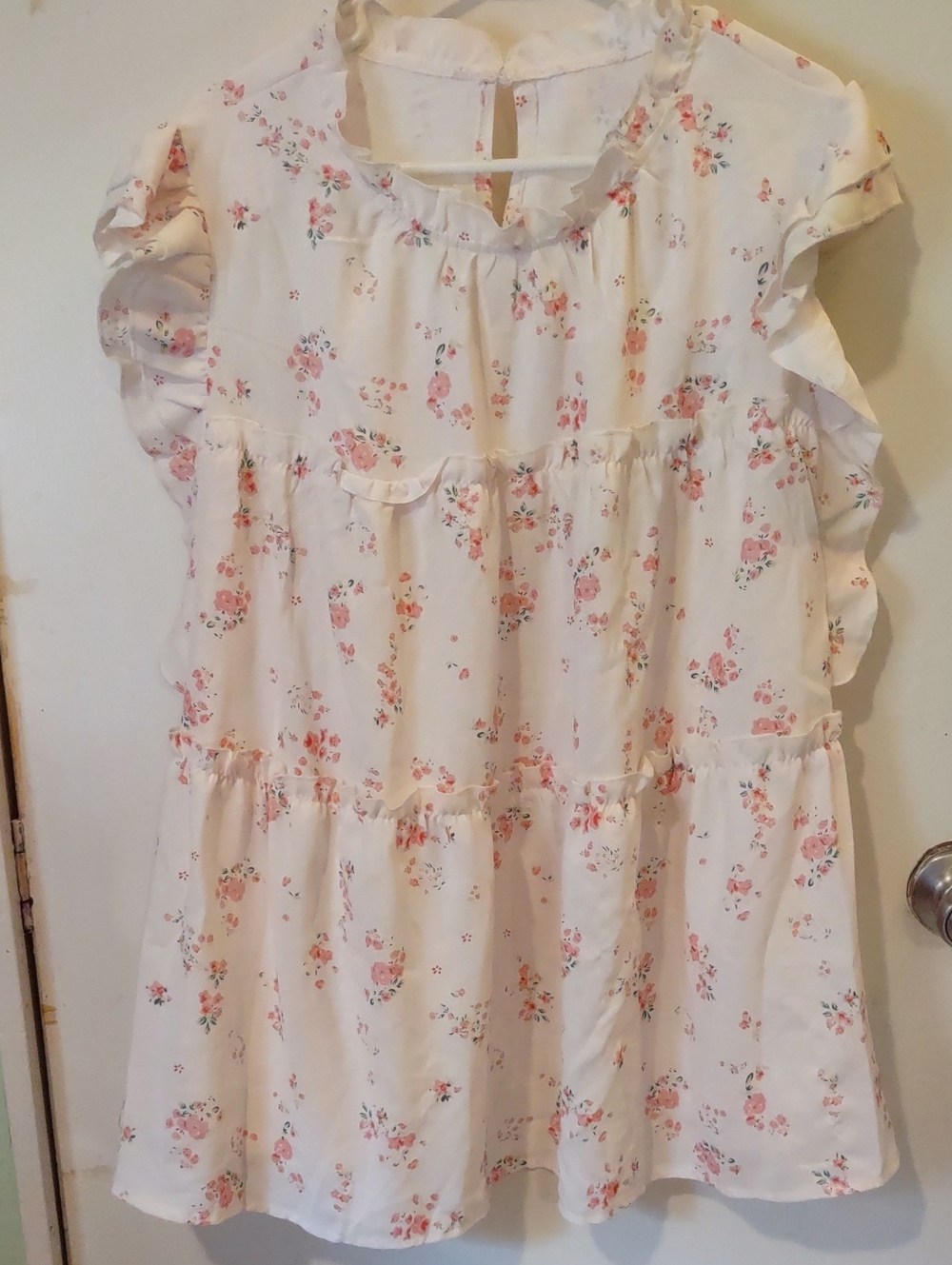 SHEIN Cream Top with Pink Floral Print and Ruffle Sleeves Size 6x